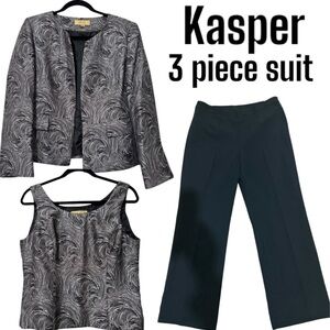 Vintage Kasper Black & Silver Blazer Career Business Three-Piece Suit Set Sz 10P